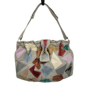 Vtg 80's Caprice Shoulder Bag Leather Boho Funky Patchwork Multicolor Large Gray